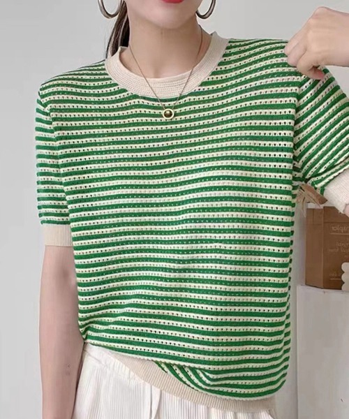 Miniministore(ミニミニストア)の「ボーダー柄サマーニットトップス 半袖春夏(ニット/セーター・レディース・ブラック/オレンジ/グリーン・M/S)」の5枚目の写真