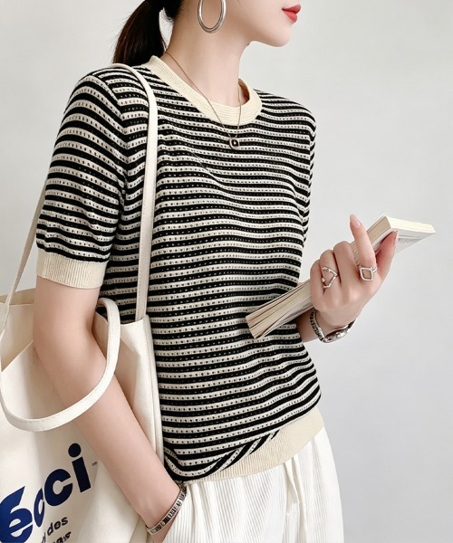 Miniministore(ミニミニストア)の「ボーダー柄サマーニットトップス 半袖春夏(ニット/セーター・レディース・ブラック/オレンジ/グリーン・M/S)」の8枚目の写真