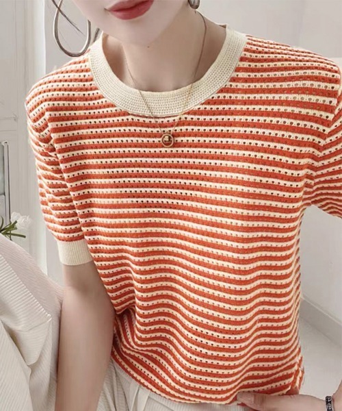 Miniministore(ミニミニストア)の「ボーダー柄サマーニットトップス 半袖春夏(ニット/セーター・レディース・ブラック/オレンジ/グリーン・M/S)」の11枚目の写真