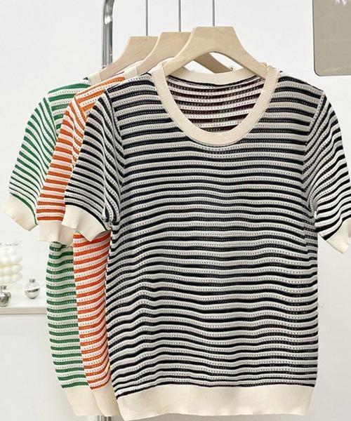 Miniministore(ミニミニストア)の「ボーダー柄サマーニットトップス 半袖春夏(ニット/セーター・レディース・ブラック/オレンジ/グリーン・M/S)」の13枚目の写真