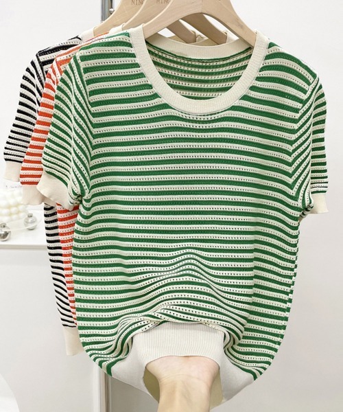Miniministore(ミニミニストア)の「ボーダー柄サマーニットトップス 半袖春夏(ニット/セーター・レディース・ブラック/オレンジ/グリーン・M/S)」の14枚目の写真