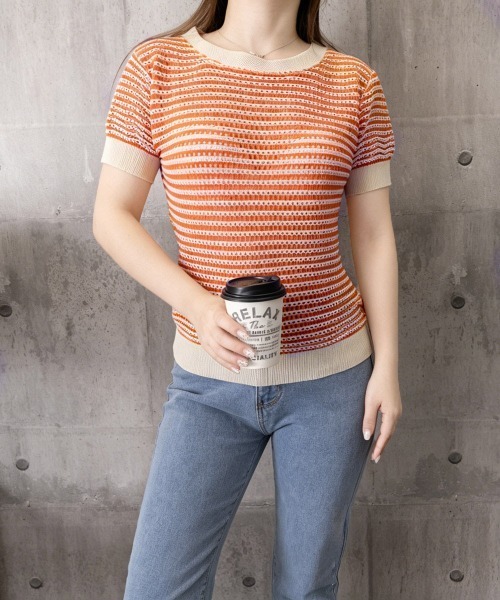 Miniministore(ミニミニストア)の「ボーダー柄サマーニットトップス 半袖春夏(ニット/セーター・レディース・ブラック/オレンジ/グリーン・M/S)」の15枚目の写真