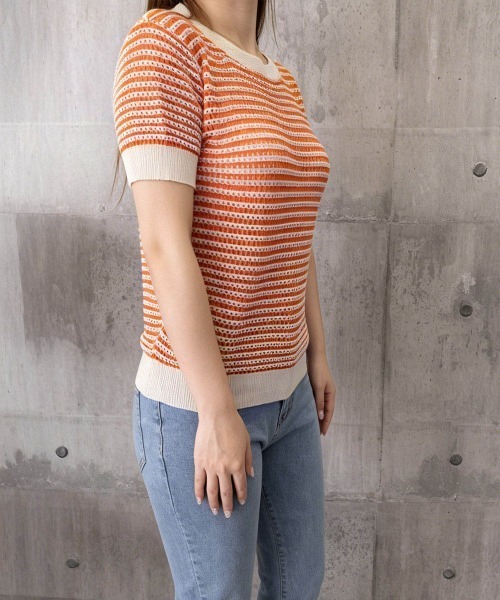 Miniministore(ミニミニストア)の「ボーダー柄サマーニットトップス 半袖春夏(ニット/セーター・レディース・ブラック/オレンジ/グリーン・M/S)」の16枚目の写真