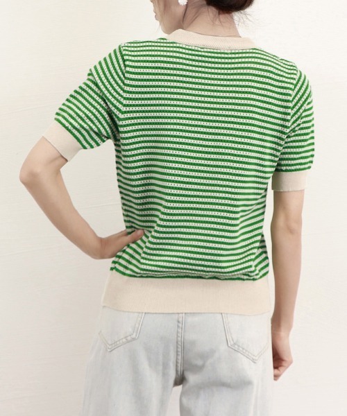 Miniministore(ミニミニストア)の「ボーダー柄サマーニットトップス 半袖春夏(ニット/セーター・レディース・ブラック/オレンジ/グリーン・M/S)」の20枚目の写真