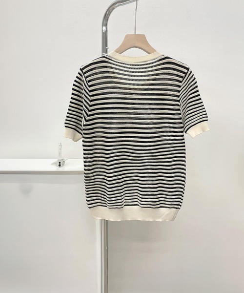 Miniministore(ミニミニストア)の「ボーダー柄サマーニットトップス 半袖春夏(ニット/セーター・レディース・ブラック/オレンジ/グリーン・M/S)」の22枚目の写真