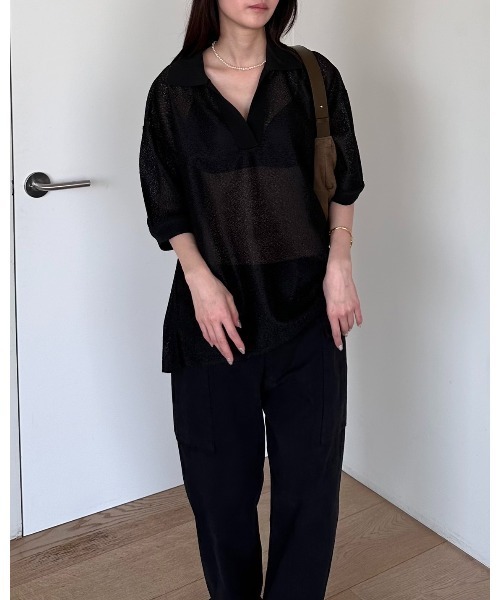 leimn（レイムン）の「5分袖シアーポロシャツ（Tシャツ/カットソー・レディース・アイボリー/ブラック・FREE）」の5枚目の写真