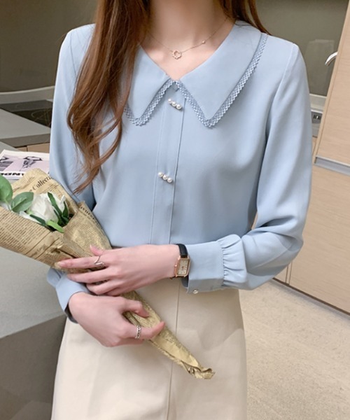 COCOMOMO（ココモモ）の「3連パールボタン付き とろみシフォンブラウス（シャツ/ブラウス・レディース・ホワイト/ブルー・M/L）」の6枚目の写真