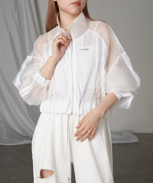 RAY CASSIN（レイカズン）の「メッシュ切り替えブルゾン（シャツ/ブラウス・レディース・ブラック/サックスブルー/ホワイト・FREE）」の4枚目の写真