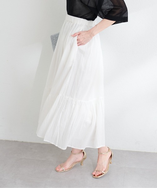 Babaghuri インド綿　ボリューム ギャザースカート　白 N2788 natural couture（ナチュラルクチュール）の「インド綿ボイル裾切替