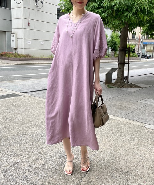 StyleSea（スタイルシー）の「【リネン混】パフスリーブフレアロングワンピース（ワンピース・レディース・ブラック/カーキ/ライトブルー/ブルー/ライトブラウン/グリーン/ブラウン/ネイビー/ラベンダー/アイボリー・FREE）」の10枚目の写真