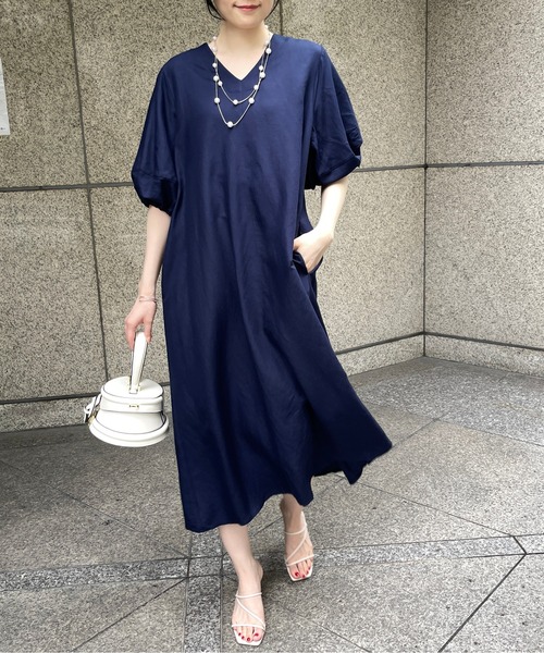 StyleSea（スタイルシー）の「【リネン混】パフスリーブフレアロングワンピース（ワンピース・レディース・ブラック/カーキ/ライトブルー/ブルー/ライトブラウン/グリーン/ブラウン/ネイビー/ラベンダー/アイボリー・FREE）」の8枚目の写真