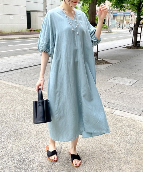 StyleSea（スタイルシー）の「【リネン混】パフスリーブフレアロングワンピース（ワンピース・レディース・ブラック/カーキ/ライトブルー/ブルー/ライトブラウン/グリーン/ブラウン/ネイビー/ラベンダー/アイボリー・FREE）」の7枚目の写真