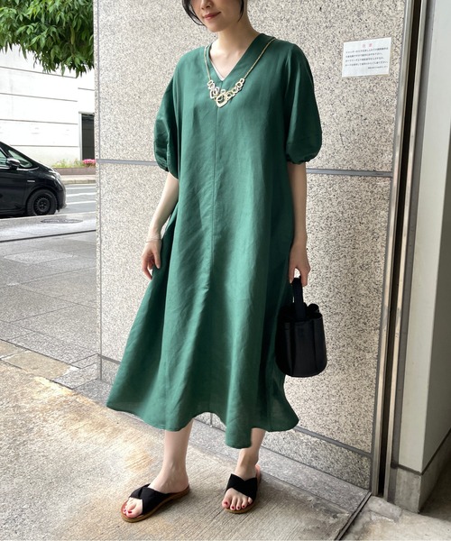 StyleSea（スタイルシー）の「【リネン混】パフスリーブフレアロングワンピース（ワンピース・レディース・ブラック/カーキ/ライトブルー/ブルー/ライトブラウン/グリーン/ブラウン/ネイビー/ラベンダー/アイボリー・FREE）」の13枚目の写真