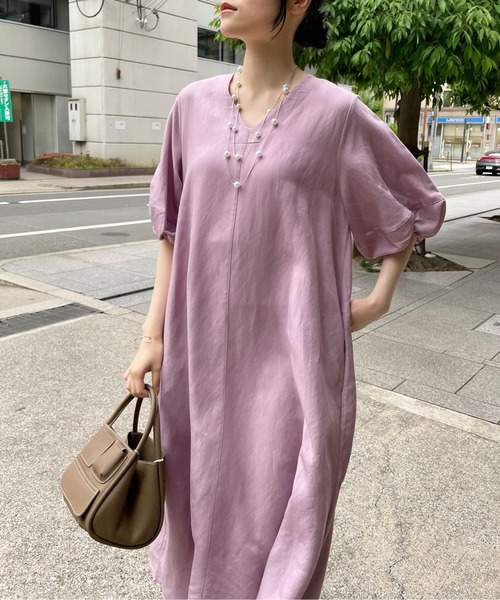 StyleSea（スタイルシー）の「【リネン混】パフスリーブフレアロングワンピース（ワンピース・レディース・ブラック/カーキ/ライトブルー/ブルー/ライトブラウン/グリーン/ブラウン/ネイビー/ラベンダー/アイボリー・FREE）」の11枚目の写真