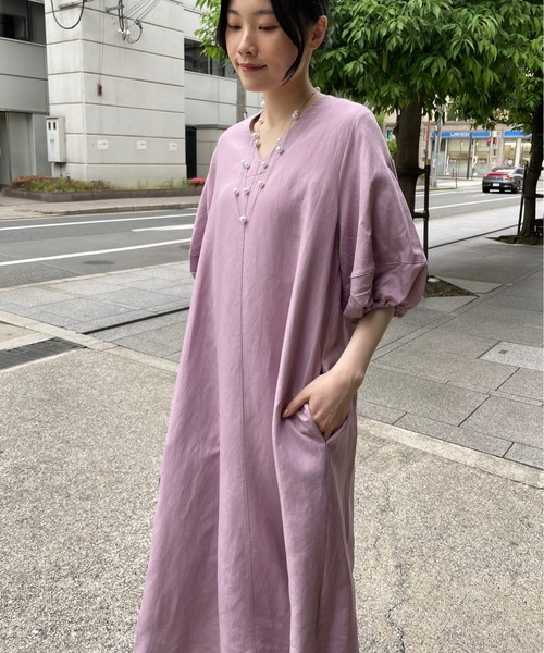 StyleSea（スタイルシー）の「【リネン混】パフスリーブフレアロングワンピース（ワンピース・レディース・ブラック/カーキ/ライトブルー/ブルー/ライトブラウン/グリーン/ブラウン/ネイビー/ラベンダー/アイボリー・FREE）」の12枚目の写真