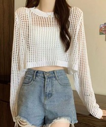 ショート丈メッシュニットトップス