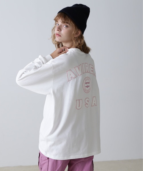 AVIREX(アヴィレックス)の「L/S VARSITY LOGO T-SHIRT/ バーシティロゴTシャツ(Tシャツ/カットソー・レディース・オフホワイト/ダークグリーン/ブラック/ネイビー・F)」の1枚目の写真
