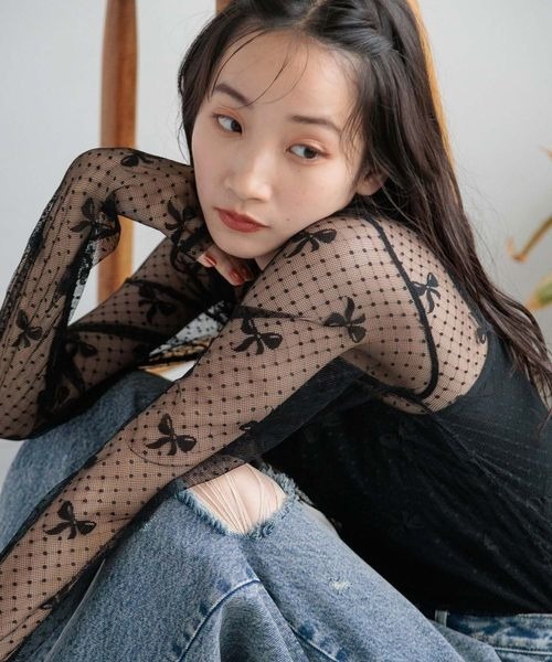 LOWRYS FARM（ローリーズファーム）の「チュールリボンレース　133784（Tシャツ/カットソー・レディース・オフホワイト/ブラック/ピンク・FREE）」の3枚目の写真