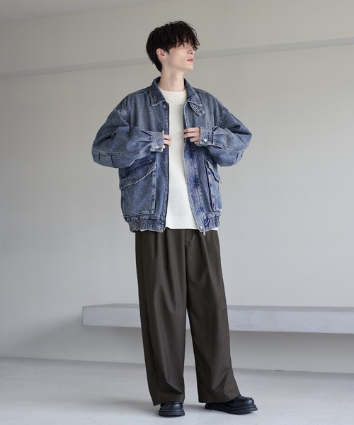 定価17万 美品 デニム＆ナイロン切り替えブルゾン バックプリント サイズ52 ミリタリーデザイン12オンスデニムショートブルゾン【セットアップ可能