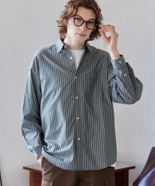 coca（coca）（コカ）の「オーバーシルエットストライプシャツ（シャツ/ブラウス・メンズ・ダークグリーン/ブラウン/ダークブルー/グレー・L/XL/M）」の3枚目の写真