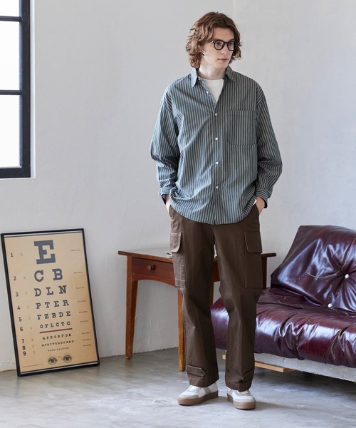 coca（coca）（コカ）の「オーバーシルエットストライプシャツ（シャツ/ブラウス・メンズ・ダークグリーン/ブラウン/ダークブルー/グレー・L/XL/M）」の9枚目の写真