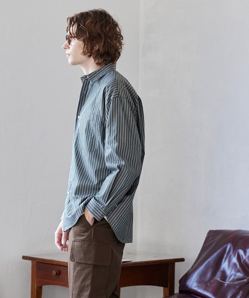 coca（coca）（コカ）の「オーバーシルエットストライプシャツ（シャツ/ブラウス・メンズ・ダークグリーン/ブラウン/ダークブルー/グレー・L/XL/M）」の10枚目の写真