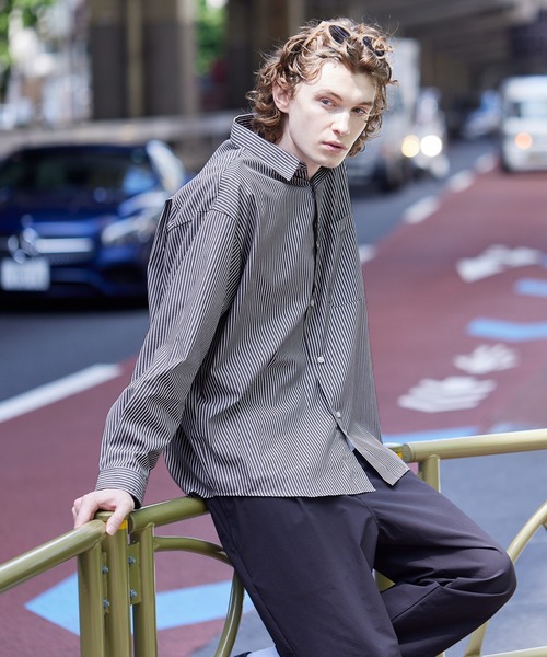 coca（coca）（コカ）の「オーバーシルエットストライプシャツ（シャツ/ブラウス・メンズ・ダークグリーン/ブラウン/ダークブルー/グレー・L/XL/M）」の7枚目の写真