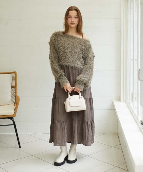 archives（アルシーヴ）の「シャギードロストニット×リンクルキャミワンピースＳＥＴ（ワンピース・レディース・ブルー/アイボリー/ブラウン・MEDIUM）」の2枚目の写真