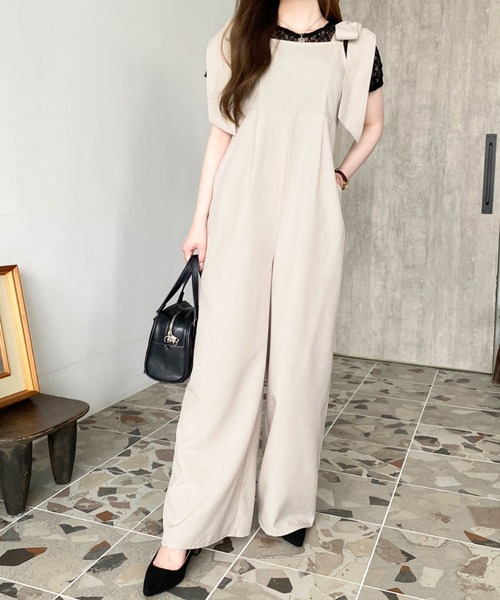 リボンショルダーコンビネーションサロペット（ベージュ）