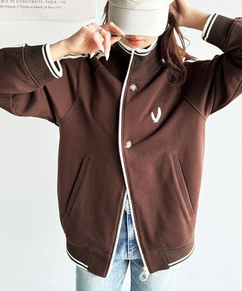 mily bilet(ミウィビレット)の「【mily bilet】配色スタンドネックがスポーティー。フロントボタン2way胸刺繍サイドレースダブルジップアップブルゾン(ブルゾン・レディース・ブラウン/ブラック/アイボリー・LARGE/MEDIUM/SMALL/X-LARGE)」の1枚目の写真
