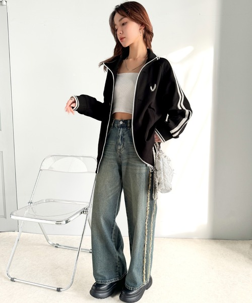 mily bilet(ミウィビレット)の「【mily bilet】配色スタンドネックがスポーティー。フロントボタン2way胸刺繍サイドレースダブルジップアップブルゾン(ブルゾン・レディース・ブラウン/ブラック/アイボリー・LARGE/MEDIUM/SMALL/X-LARGE)」の16枚目の写真