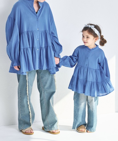 pairmanon（ペアマノン）の「【綿100%】【リンクコーデ】ティアードチュニックブラウス（チュニック・キッズ・ブルー/ホワイト/ブラック・90/100/110/120/130/140/150）」の3枚目の写真