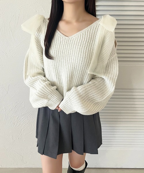 apres jour(アプレジュール)の「肩開きリボンニット【ZOZOTOWN限定アイテム】(ニット/セーター・レディース・オフホワイト/ブラック/ライトブルー/ベビーピンク・フリー/X-LARGE)」の2枚目の写真