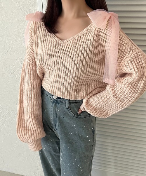 apres jour(アプレジュール)の「肩開きリボンニット【ZOZOTOWN限定アイテム】(ニット/セーター・レディース・オフホワイト/ブラック/ライトブルー/ベビーピンク・フリー/X-LARGE)」の9枚目の写真