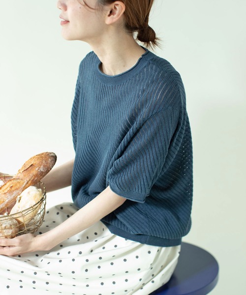 PAR ICI（パーリッシィ）の「透かし編み 半袖プルオーバー（ニット/セーター・レディース・ネイビー/ダークブラウン・FREE）」の11枚目の写真