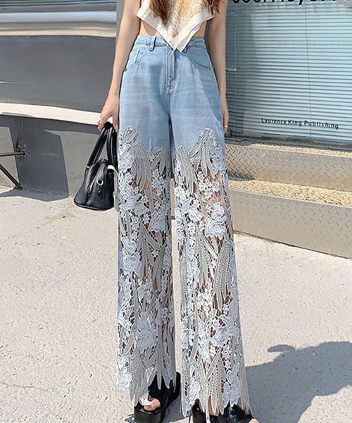 GLAMOROUS JANE（グラマラスジェーン）の「レース切替デニムワイドパンツ（デニムパンツ・レディース・ブルー・M/L/S）」の7枚目の写真