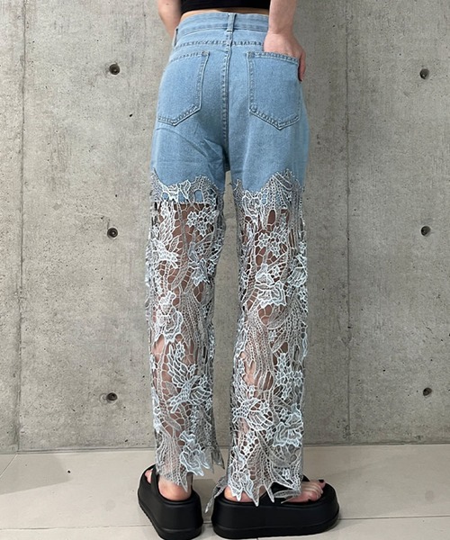 セール】レース切替デニムワイドパンツ（デニムパンツ
