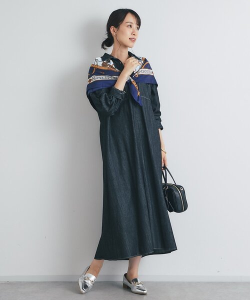 アンディコール un dix cors ブラックデニムロング丈ワンピース セール】《着るだけで大人カジュアル》デニムシャツワンピース