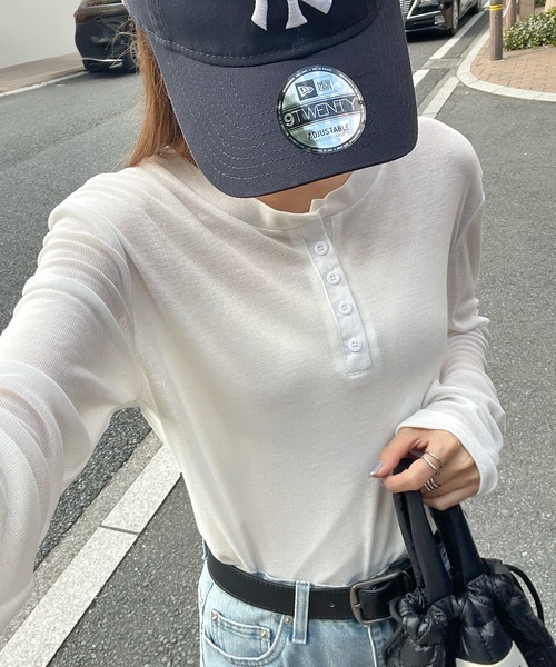 ルーズ メッシュ ロンT シアー ヘンリーネック 韓国 2色 hr9176 新色追加】シアーヘンリーネックロンT（Tシャツ/カットソー