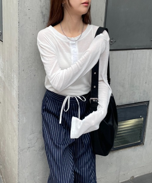 ルーズ メッシュ ロンT シアー ヘンリーネック 韓国 2色 hr9176 新色追加】シアーヘンリーネックロンT（Tシャツ/カットソー