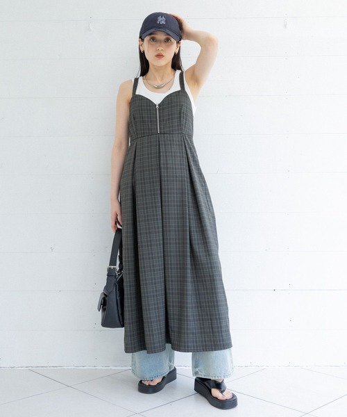 RAGEBLUE（レイジブルー）の「バックリボン/チェックキャミワンピース（ワンピース・レディース・ライトグレー/グリーン/ダークグレー・FREE）」の3枚目の写真