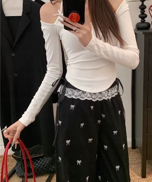 almo(アルモ)の「【LAMPOON】フリルウエストリボン柄ワイドパンツ(その他パンツ・レディース・ブラック/ホワイト・LARGE/MEDIUM)」の9枚目の写真