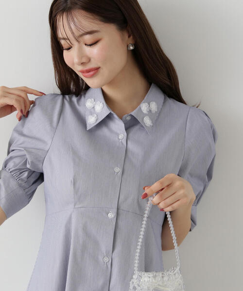 【新品未使用】プロポーション☘️フラワーシャツワンピース ブルー パワショルビッグシャツ / Power Shoulder Big Shirt（シャツ