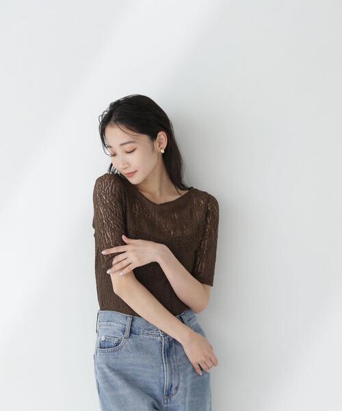 NATURAL BEAUTY BASIC（ナチュラルビューティーベーシック）の「◇ボートネックシアーレーストップス（Tシャツ/カットソー・レディース・ダークブラウン/オフホワイト/ブラック・FREE）」の18枚目の写真