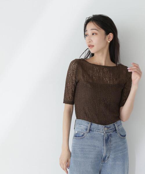 NATURAL BEAUTY BASIC（ナチュラルビューティーベーシック）の「◇ボートネックシアーレーストップス（Tシャツ/カットソー・レディース・ダークブラウン/オフホワイト/ブラック・FREE）」の20枚目の写真