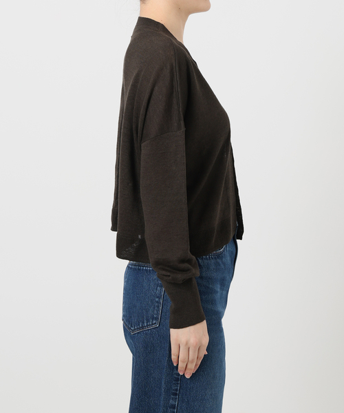 【美品】24ss イエナ　IENA フレンチリネンカーディガン　ロゴ刺繍　麻 イエナ IENA フレンチリネン7分袖カーディガン （ブラウン