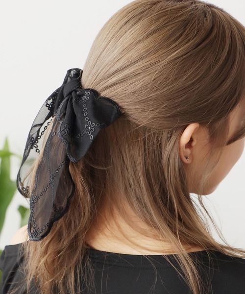 シアーレース 花柄リボンバレッタ 大きめ ヘアアクセサリ