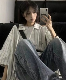 DEVICE（デバイス）の「ストライプ ビッグシルエット 韓国 古着風 半袖 シャツ（シャツ/ブラウス）」