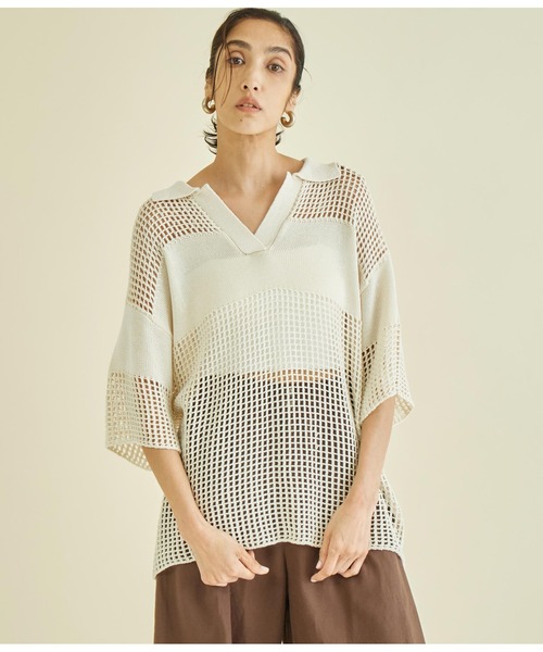 Settimissimo（セッティミッシモ）の「スクエアメッシュ ポロカラー ハーフスリーブ プルオーバー（Tシャツ/カットソー・レディース・アイボリー/ブラック・FREE）」の3枚目の写真