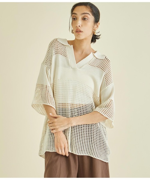 Settimissimo（セッティミッシモ）の「スクエアメッシュ ポロカラー ハーフスリーブ プルオーバー（Tシャツ/カットソー・レディース・アイボリー/ブラック・FREE）」の4枚目の写真